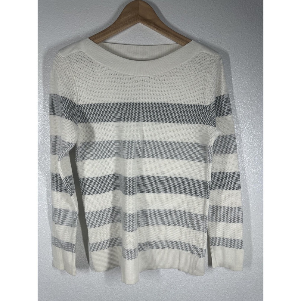 Market & Spruce Sweater‎ Womens Medium White Gray Stripe Boat Neck Pullover Knit
